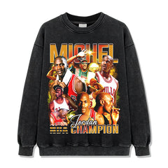 Retro trendy printed short-sleeved t-shirt old washed long-sleeved crew neck loose casual hooded sweater men