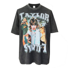 Vintage Taylor Swift Mildew Printed Short Sleeve T-Shirt Washed Heavy Cotton Crew Neck T