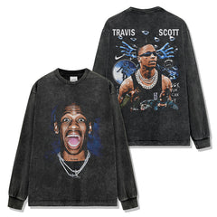 Vintage TRAVIS SCOTT Printed Short Sleeve T-Shirt Washed Long Sleeve Crew Neck Casual Hooded Sweater