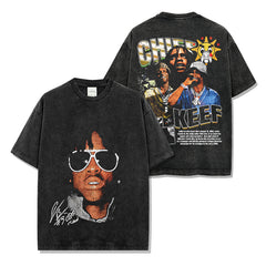 Hip Hop Chief Keef Printed Washed Short Sleeve T-Shirt Crew Neck Heavy Loose Hooded Sweater Men