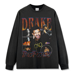 Hip Hop Drake DRAKE Printed Short Sleeve T-Shirt Washed Old Long Sleeve Loose Heavy Hooded Sweater
