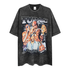 Vintage picture Parker tupac printed short-sleeved T-shirt washed round neck heavy cotton small neckline trendy t