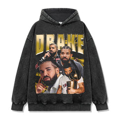Hip Hop Drake Printed Short Sleeve T-Shirt Washed Long Sleeve Loose Heavy Hooded Sweater Men