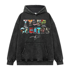 Hip Hop Tyler the Creator Print Washed Crew Neck Long Sleeve Loose Hooded Sweater Men