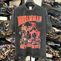 Vintage Ali Muhammad Ali Printed Short Sleeve T-Shirt Hiphop Heavy Washed Cotton T