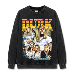 Lil Durk Print Washed Short Sleeve T-Shirt Crew Neck Long Sleeve Hooded Sweater Men