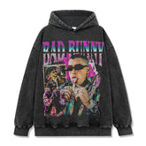 Bad Bunny Printed Short Sleeve T-Shirt Washed Long Sleeve Loose Casual Hooded Sweater Men