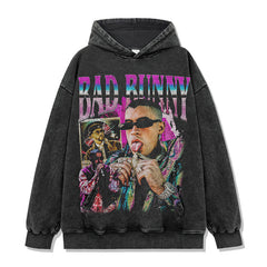 Bad Bunny Printed Short Sleeve T-Shirt Washed Long Sleeve Loose Casual Hooded Sweater Men