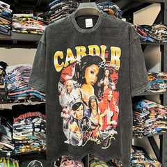 Vintage Cardi B Cardi B Printed Short Sleeve T-Shirt vintage washed heavy cotton tide t