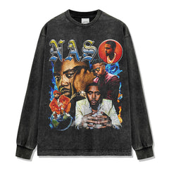 Vintage Nas Printed Short Sleeve T-Shirt Washed Old Long Sleeve Loose Casual Hooded Sweater Men