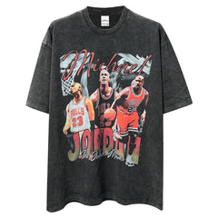 Vintage MJ Air Trapeze Printed Short Sleeve T-Shirt High Street Washed Old Heavy Cotton Small Neckline T