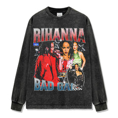 Vintage Rihanna Printed Short Sleeve T-Shirt Washed Long Sleeve Crew Neck Loose Hooded Sweater