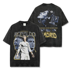 Vintage Ronaldo Printed Short Sleeve T-Shirt Vintage Loose Heavy Crew Neck Hooded Sweater