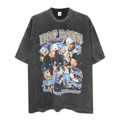 Vintage Hip Hop Hot Boys Printed Short Sleeve T-Shirt Vintage Washed Heavy Cotton T