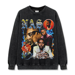 Vintage Nas Printed Short Sleeve T-Shirt Washed Old Long Sleeve Loose Casual Hooded Sweater Men
