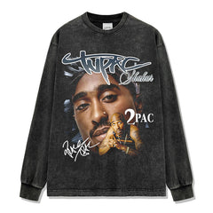 Hip hop tupac tupac printed short-sleeved t-shirt washed old long-sleeved loose hooded sweater men