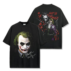Vintage Clown JOKER Printed Washed Old Loose Short Sleeve T-Shirt Heavy Crew Neck Hooded Sweater