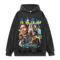 Hip Hop A $AP Rocky Printed Short Sleeve T-Shirt Washed Long Sleeve Loose Blockbuster Hooded Sweater Men