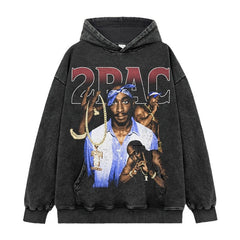 Hip hop tupac print short sleeve t-shirt washed distressed long sleeve loose casual heavy hooded sweatshirt