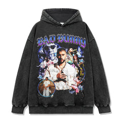 Hip Hop Bad Bunny Printed Short Sleeve T-Shirt Washed Long Sleeve Crew Neck Loose Hooded Sweater Men