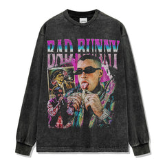 Bad Bunny Printed Short Sleeve T-Shirt Washed Long Sleeve Loose Casual Hooded Sweater Men