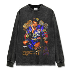 Vintage Tide KOBE Vintage Printed Short Sleeve T-Shirt Washed Long Sleeve Crew Neck Loose Hooded Sweater Men