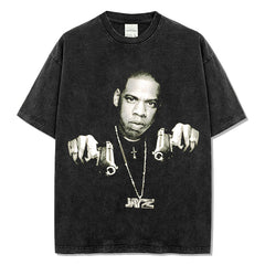 Vintage hip-hop rap Jay-Z printed short-sleeved T-shirt washed heavy cotton small neckline top trendy