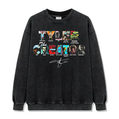 Hip Hop Tyler the Creator Print Washed Crew Neck Long Sleeve Loose Hooded Sweater Men