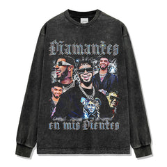 Anuel AA Printed Short Sleeve T-Shirt Washed Long Sleeve Loose Hooded Sweater