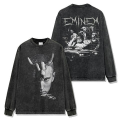 Vintage Eminem Double Sided Printed Short Sleeve T-Shirt Washed Long Sleeve Loose Hooded Sweater