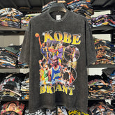 Vintage T-Shirt KOBE Printed Short Sleeve T-Shirt Vintage Washed Loose Heavy Cotton Crew Neck T