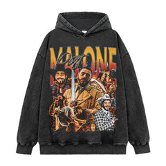 Ma Long Post Malone Printed Short Sleeve T-Shirt Washed Long Sleeve Loose Heavy Hooded Sweater Men