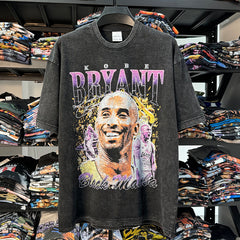 Crew neck Kobe printed short-sleeved T-shirt retro high street washed loose heavy cotton small neckline trendy t