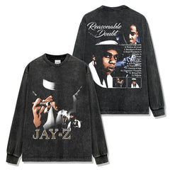 Retro hip-hop JAY-Z reversible print short sleeve t-shirt washed long sleeve loose hooded sweatshirt