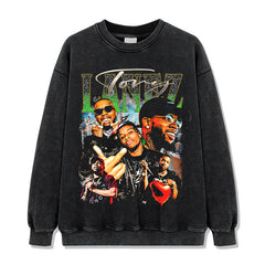 Hip Hop Lines Tory Lanez print short sleeve T-shirt washed long sleeve loose hooded sweatshirt