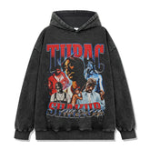 Hip Hop Tupac Printed Short Sleeve T-Shirt Washed Old Long Sleeve Loose Heavy Hooded Sweater Men