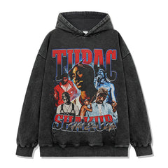 Hip Hop Tupac Printed Short Sleeve T-Shirt Washed Old Long Sleeve Loose Heavy Hooded Sweater Men