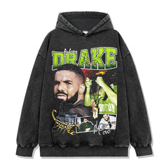 Vintage Drake Printed Short Sleeve T-Shirt Washed Old Long Sleeve Loose Hooded Sweater Men