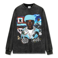 Vintage Tyler The Creator Printed T-Shirt Washed Long Sleeve Crew Neck Heavy Hooded Sweater