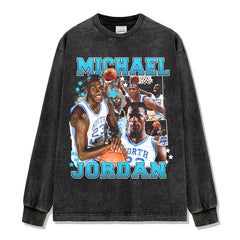 Vintage tide print short sleeve t-shirt washed distressed long sleeve round neck loose casual hooded sweatshirt men