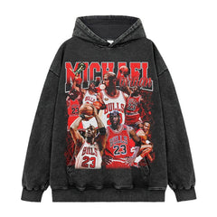 Retro printed short-sleeved t-shirt washed and old long-sleeved round neck loose casual hooded sweater men's trend