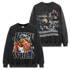 Hip Hop JUICE WRLD Double-Sided Printed Washed Short Sleeve T-Shirt Loose Crew Neck Hooded Sweater Men