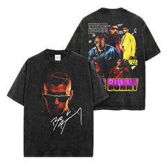 Vintage Bad Bunny Print Short Sleeve T-Shirt Washed Long Sleeve Loose Hooded Sweater Men