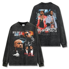 Hip Hop Kids See Ghosts Printed Washed Short Sleeve T-Shirt Casual Crew Neck Hooded Sweater Men