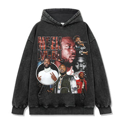 Hip Hop Mick MEEK MILL Printed Short Sleeve T-Shirt Washed Long Sleeve Loose Blockbuster Hooded Sweater