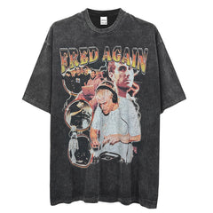 Vintage Fred Again Printed Short Sleeve T-Shirt Vintage Washed Loose Heavy Cotton Crew Neck