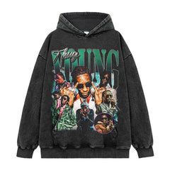Vintage Hip Hop Young Thug Printed Short Sleeve T-Shirt Washed Long Sleeve Loose Hooded Sweater Men
