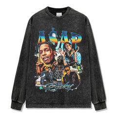 Hip Hop A $AP Rocky Printed Short Sleeve T-Shirt Washed Long Sleeve Loose Blockbuster Hooded Sweater Men