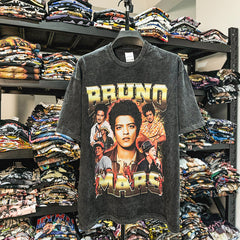 Bruno Mars floral print t-shirt Vintage wash loose casual short sleeves ins tide