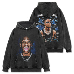 Vintage TRAVIS SCOTT Printed Short Sleeve T-Shirt Washed Long Sleeve Crew Neck Casual Hooded Sweater